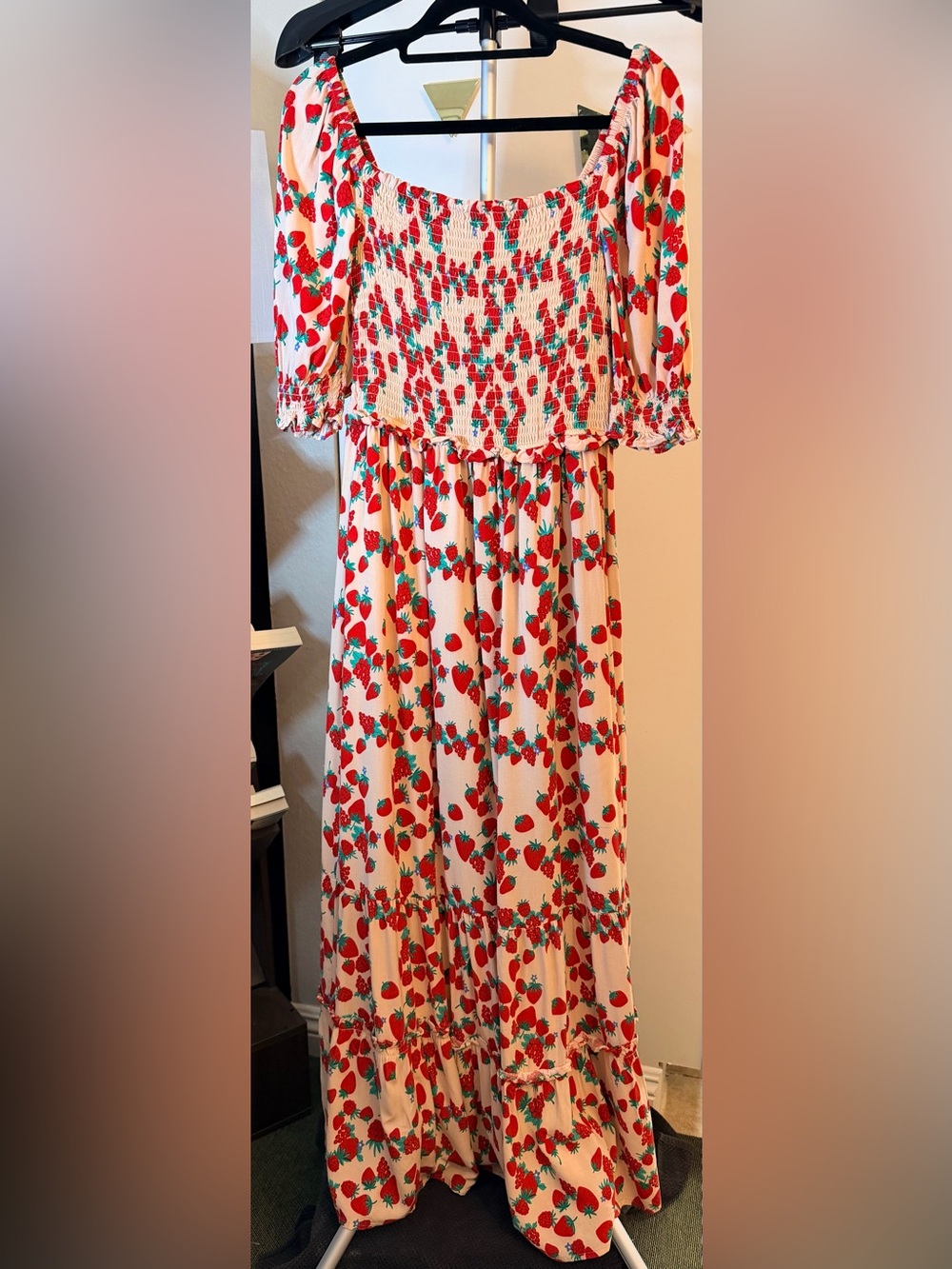 Betsey Johnson Flowy Strawberry & Raspberry Print Smocked Maxi Dress, Size S - Picture 3 of 11